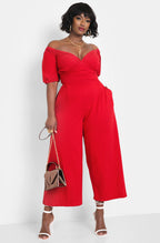 Red Peasant Top Wide Leg Jumpsuits w. Pockets Plus Sizes