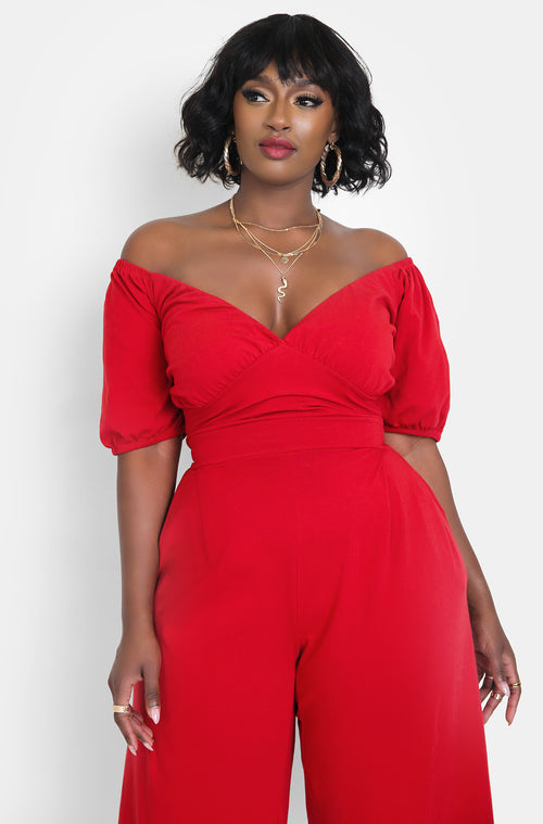 Red Peasant Top Wide Leg Jumpsuits w. Pockets Plus Sizes