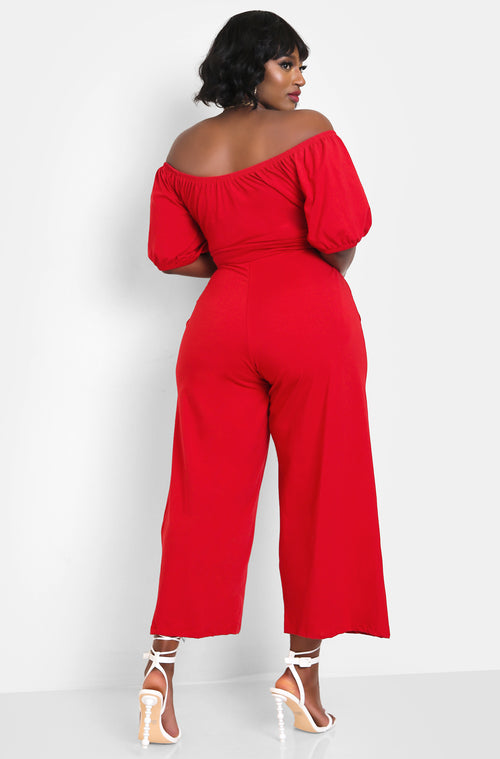 Red Peasant Top Wide Leg Jumpsuits w. Pockets Plus Sizes