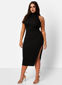 High Status Ribbed Turtleneck Side Slit Bodycon Midi Dress