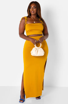 Mustard Hottie Tie Strap Crop Top & Thigh Slit Maxi Bodycon Skirt Plus Sizes