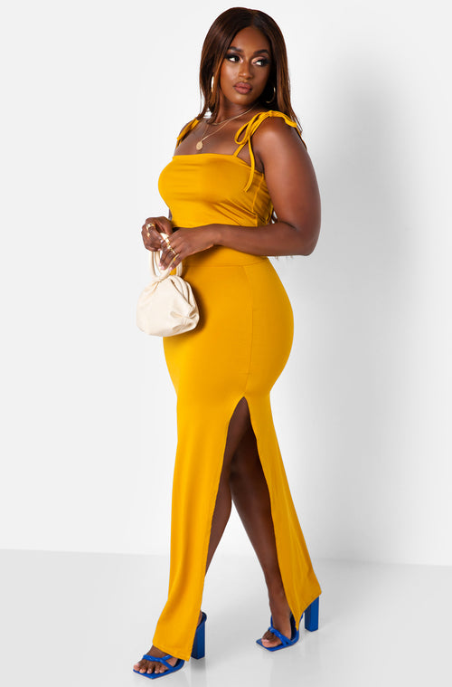 Mustard Hottie Tie Strap Crop Top & Thigh Slit Maxi Bodycon Skirt Plus Sizes