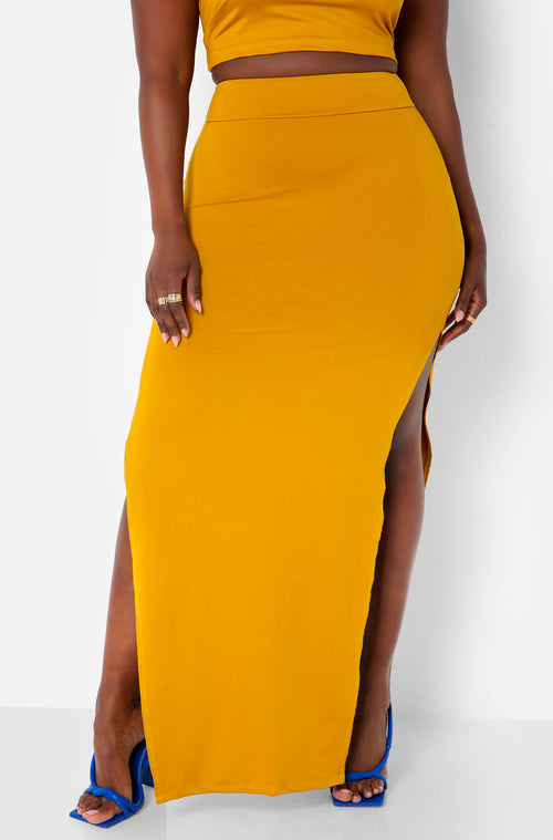 Mustard Hottie Tie Strap Crop Top & Thigh Slit Maxi Bodycon Skirt Plus Sizes