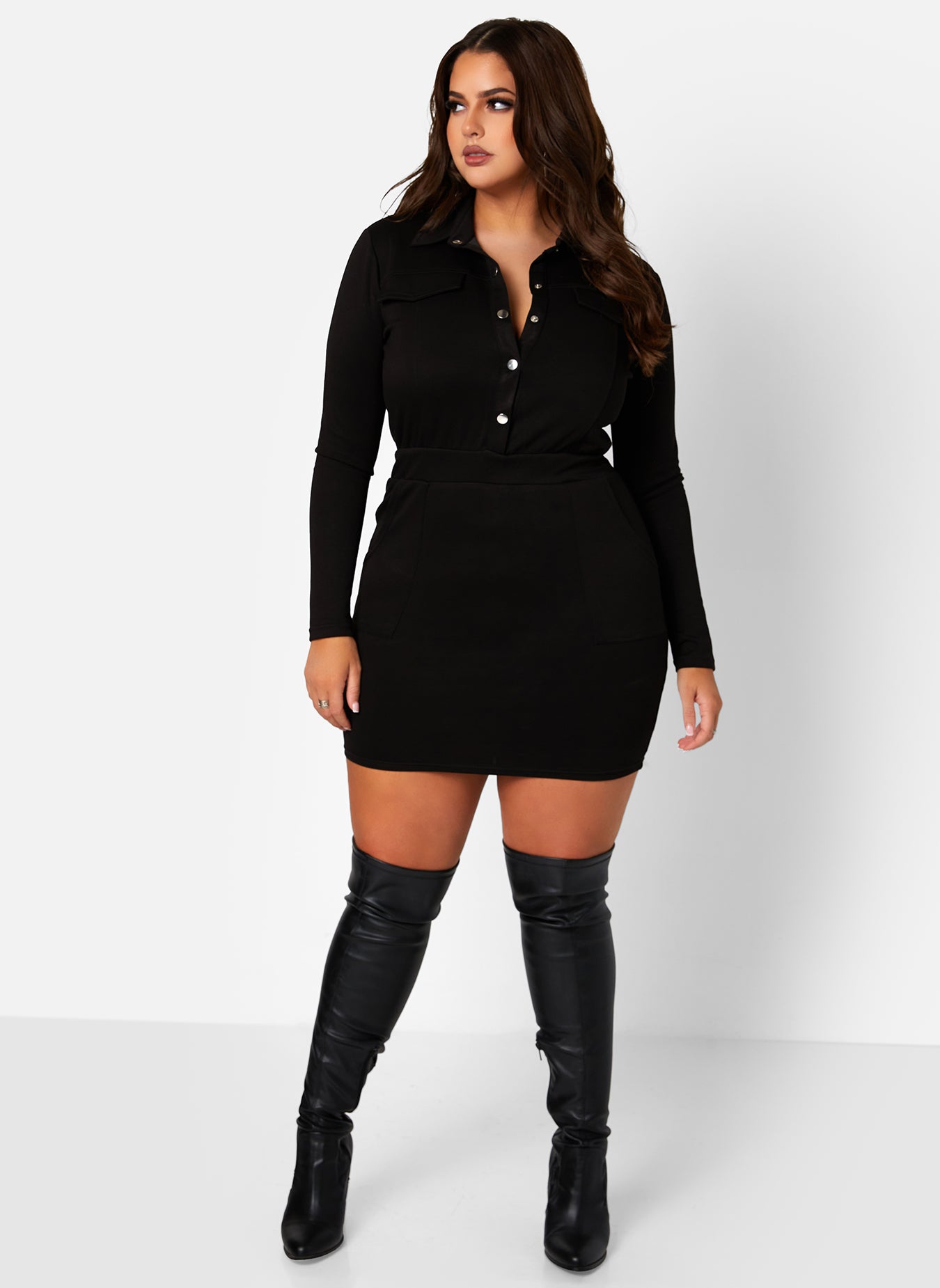 Black How Convenient Snap Front Mini Bodycon Dress W. Pockets Plus Sizes