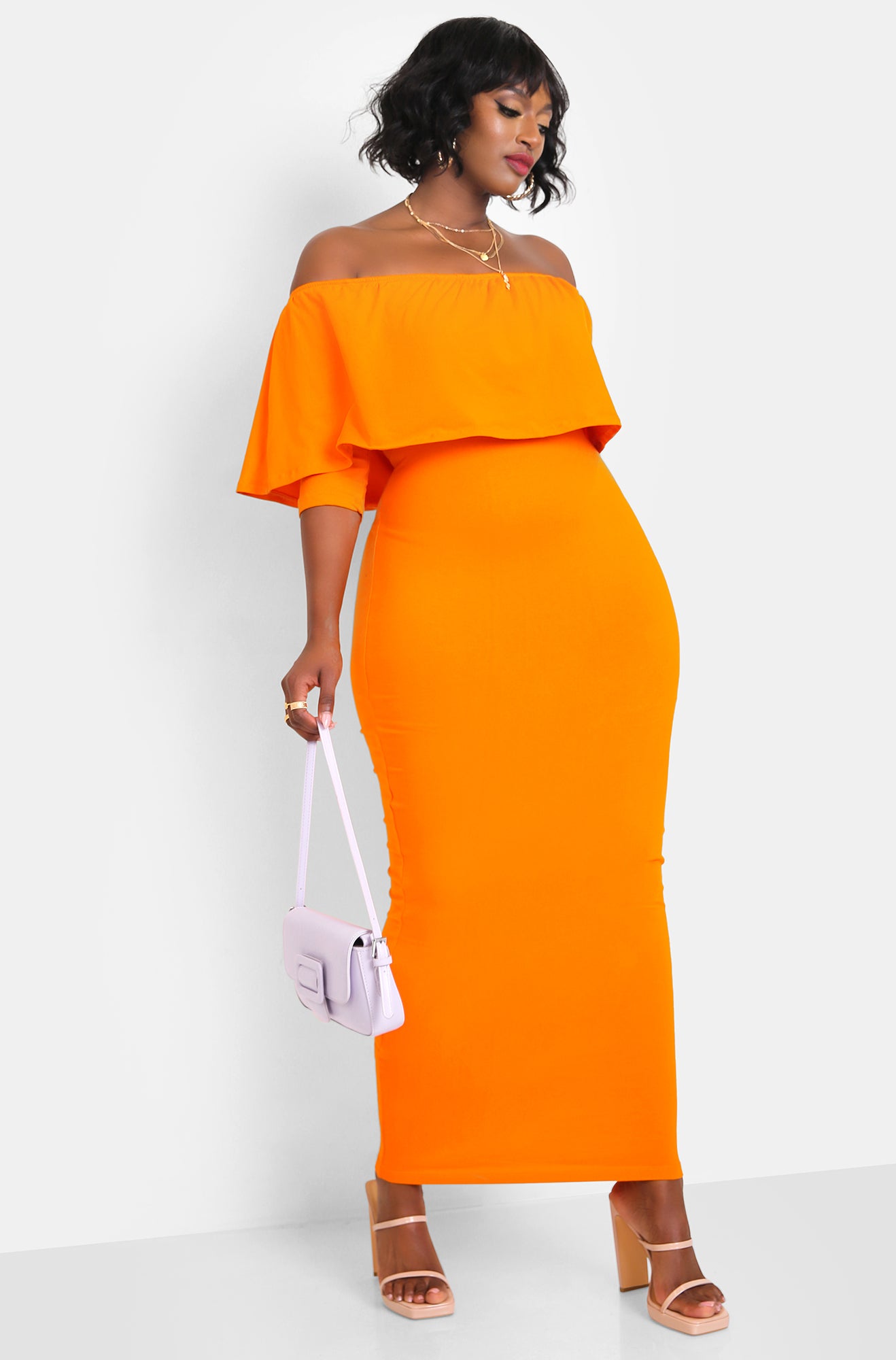 Orange Over The Shoulder 3/4 Sleeve Bodycon Maxi Dress Plus Sizes