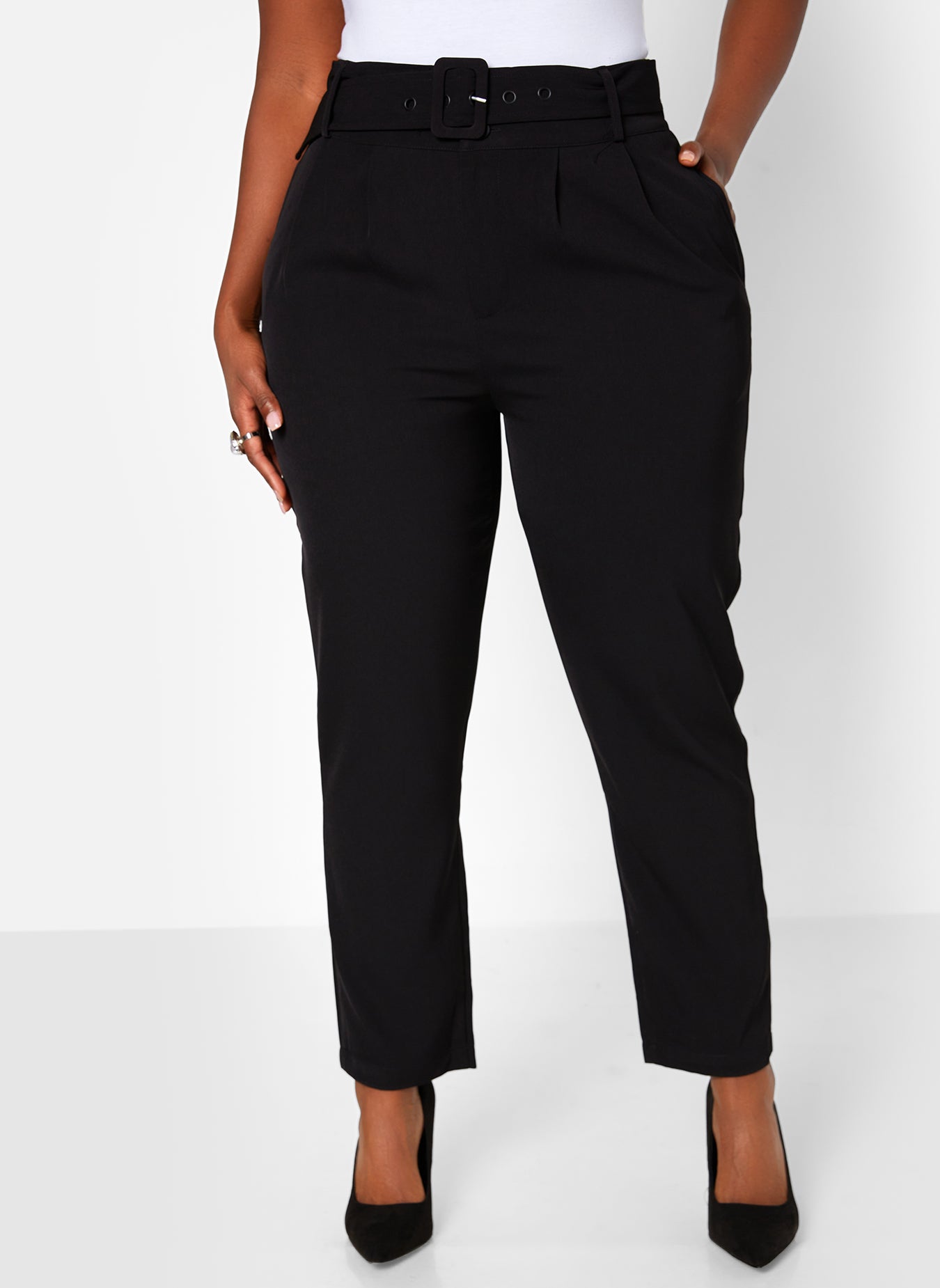 Black In A Meeting Wide Belt Ankle Pants W. Pockets Plus Sizes