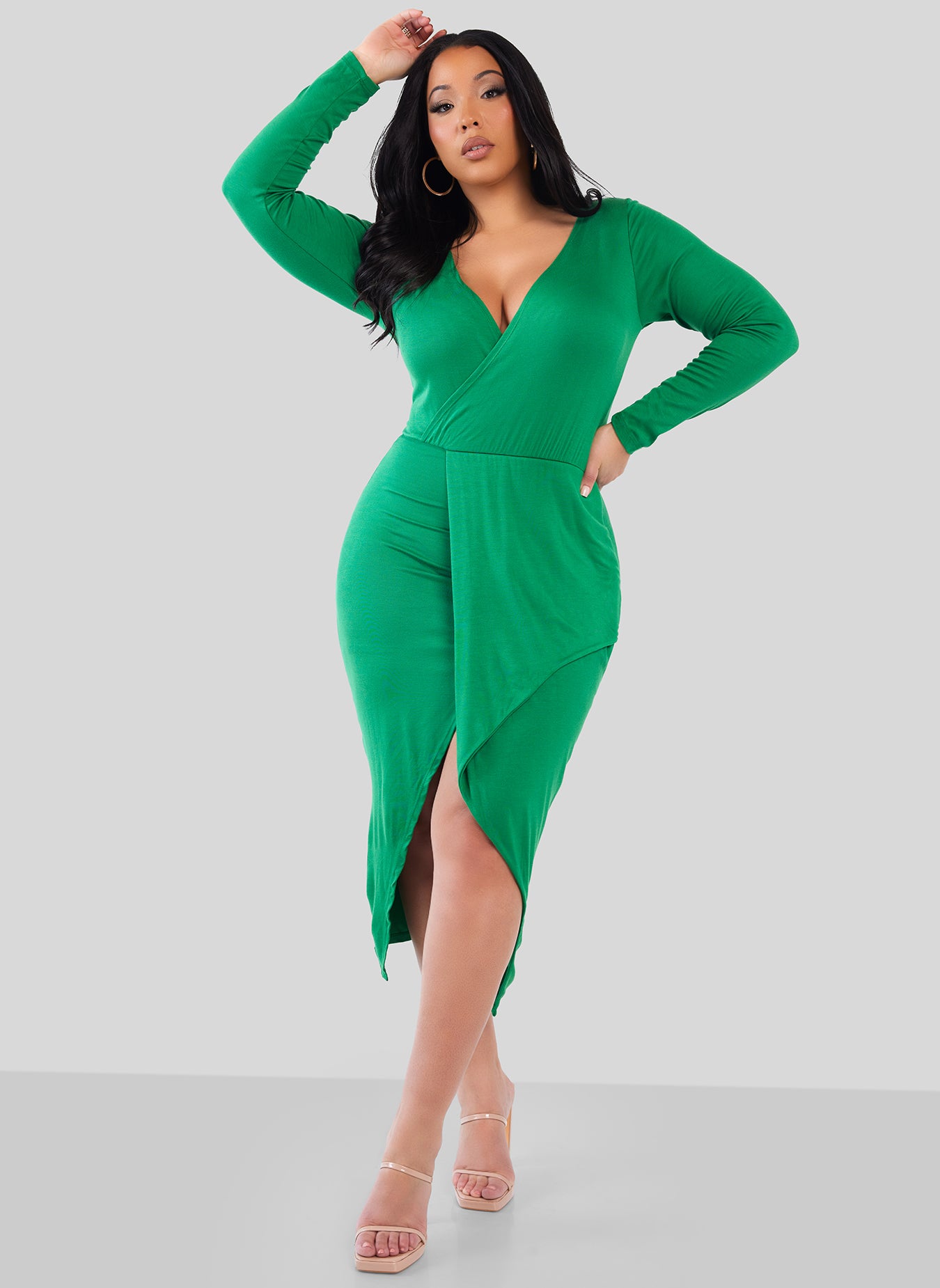 Green In Charge Faux Wrap Bodycon Midi Dress