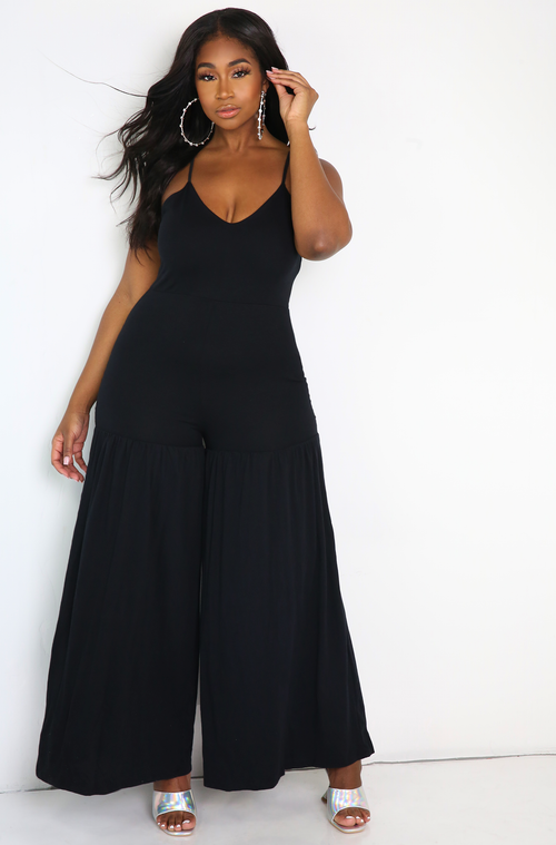 Black Flutter Thigh Wide Leg Jumpsuit Plus Size