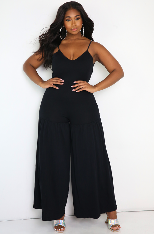 Black Flutter Thigh Wide Leg Jumpsuit Plus Size