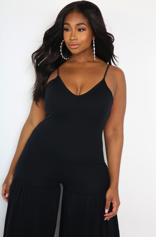 Black Flutter Thigh Wide Leg Jumpsuit Plus Size