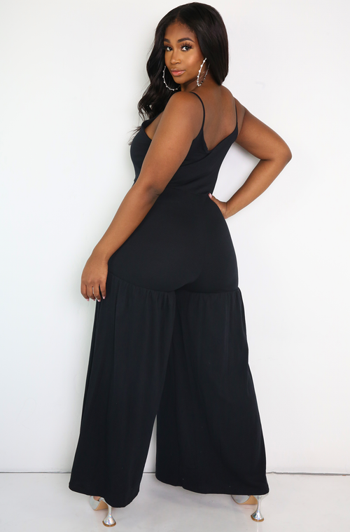 Black Flutter Thigh Wide Leg Jumpsuit Plus Size