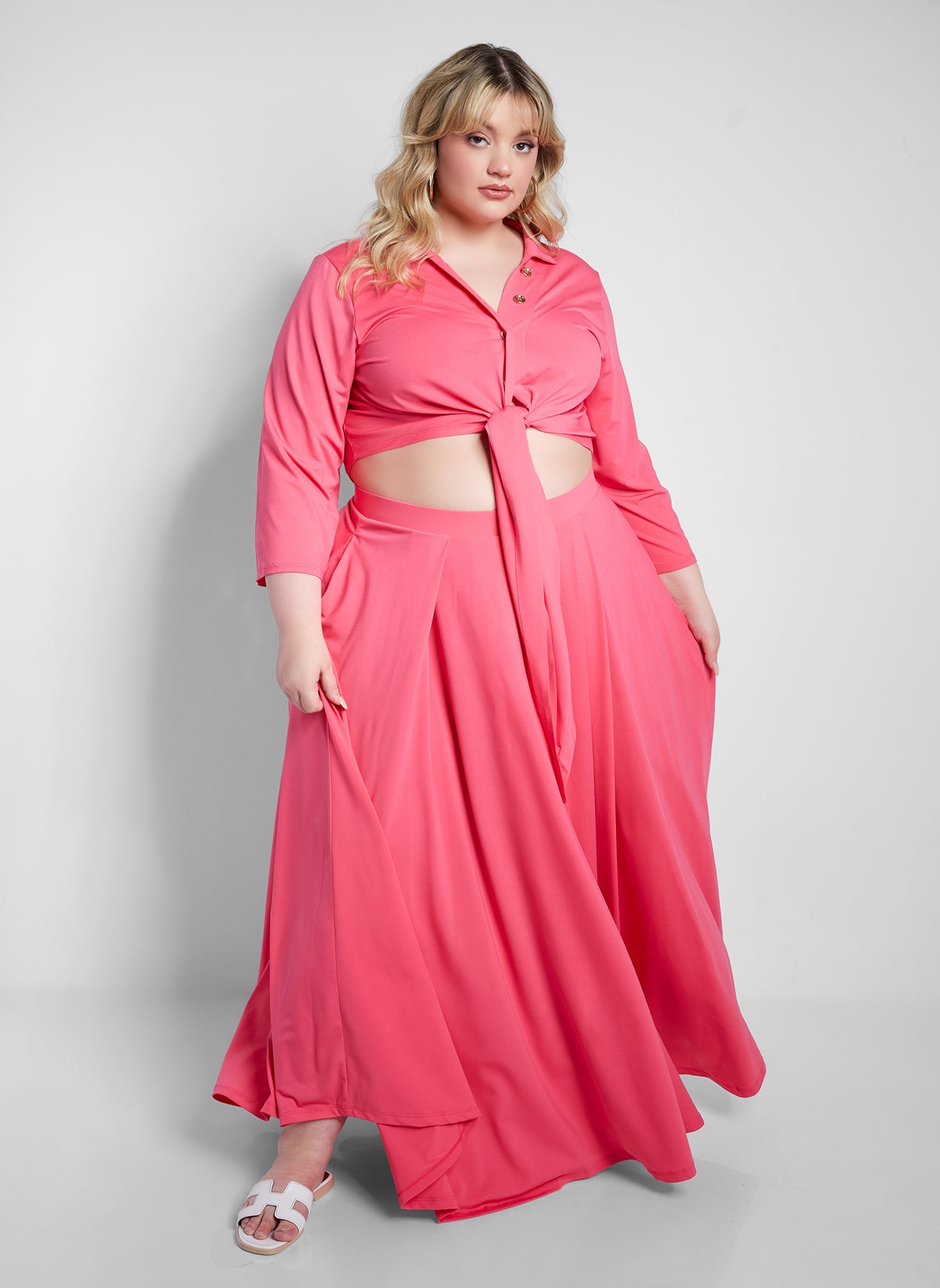 Into You Button Down Front Tied Crop Top - Fuchsia
