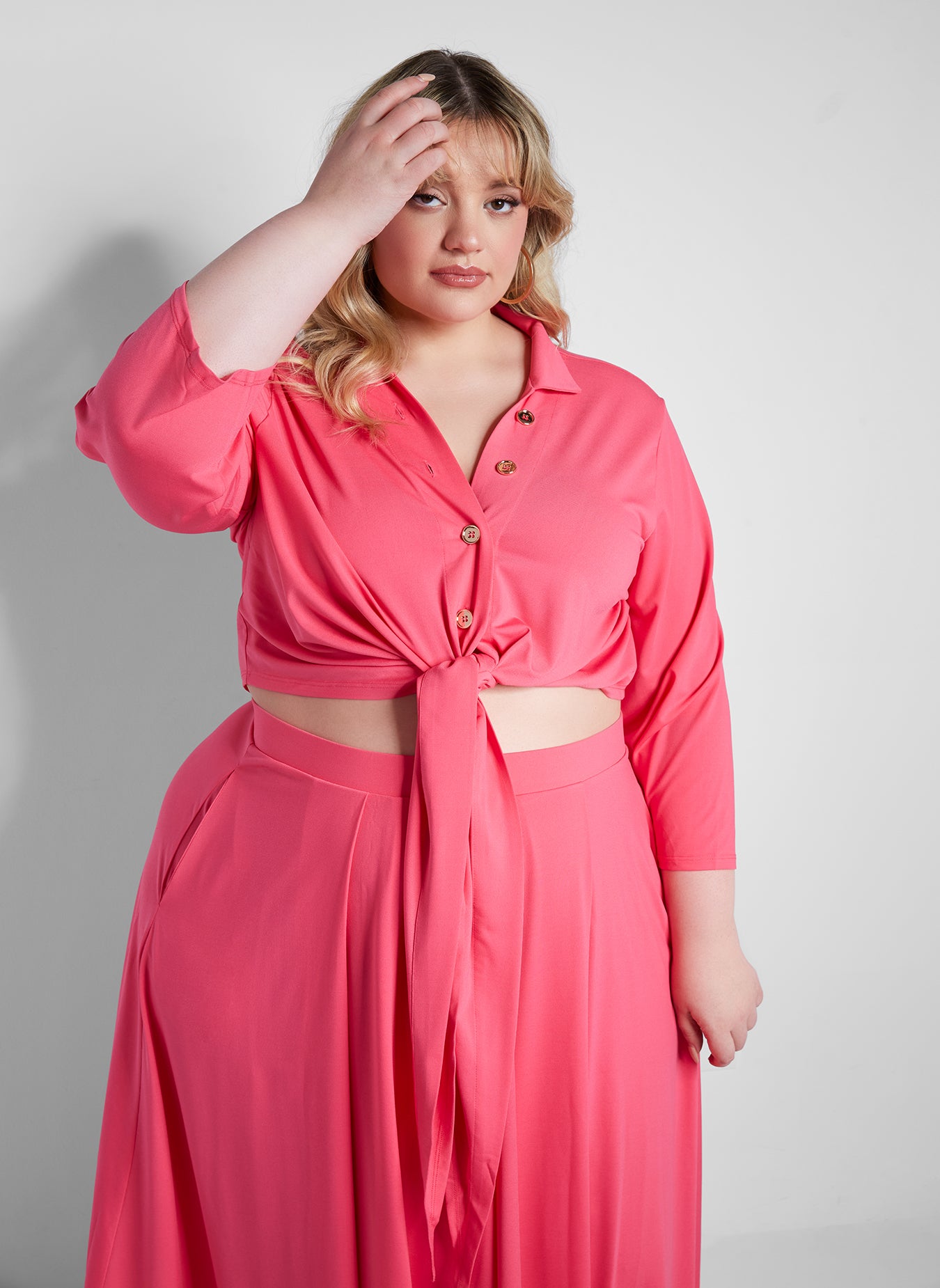 Into You Button Down Front Tied Crop Top - Fuchsia