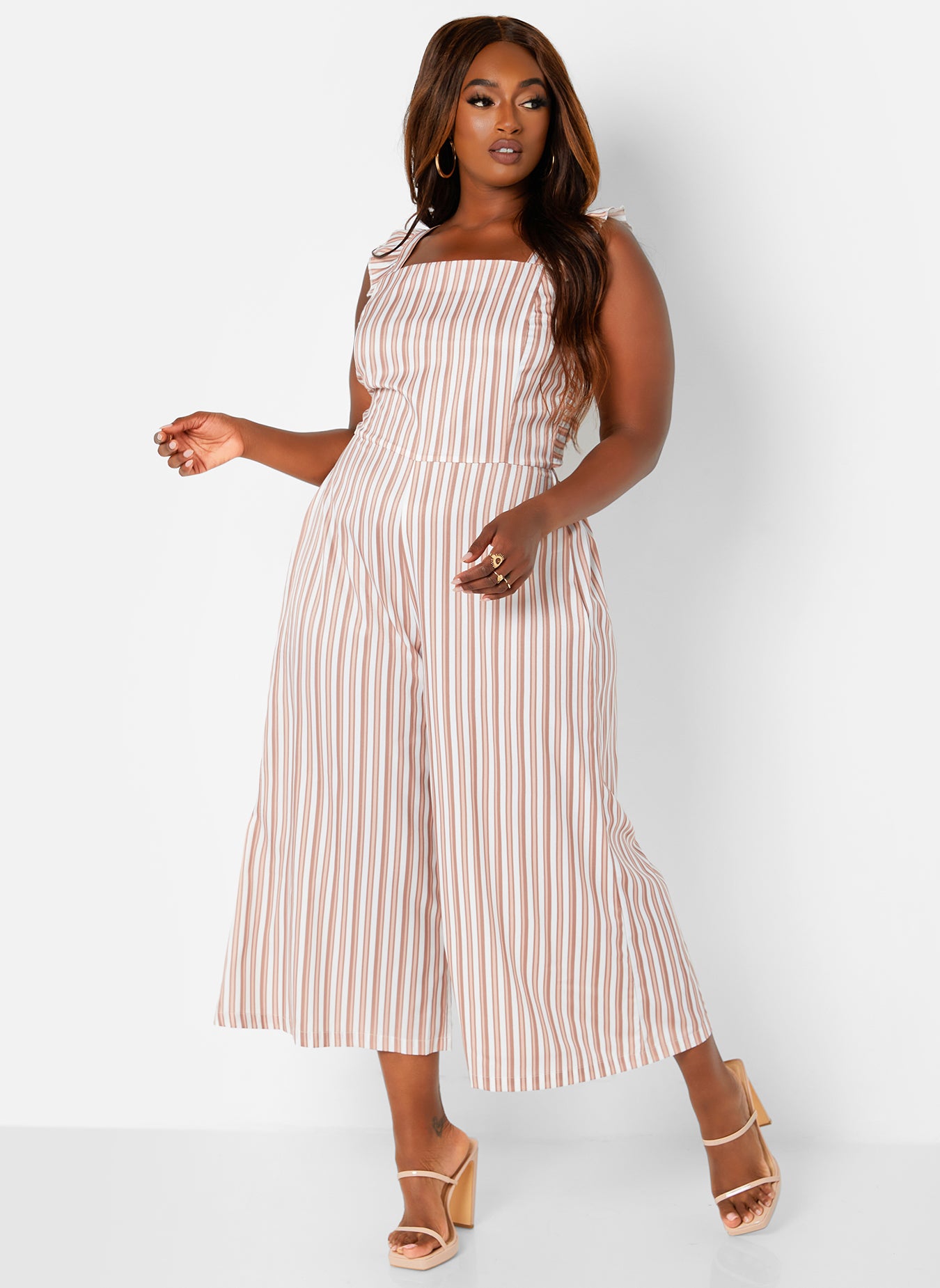 White Jeanette Striped Tie Back Cropped Wide Leg Jumpsuit Plus Sizes
