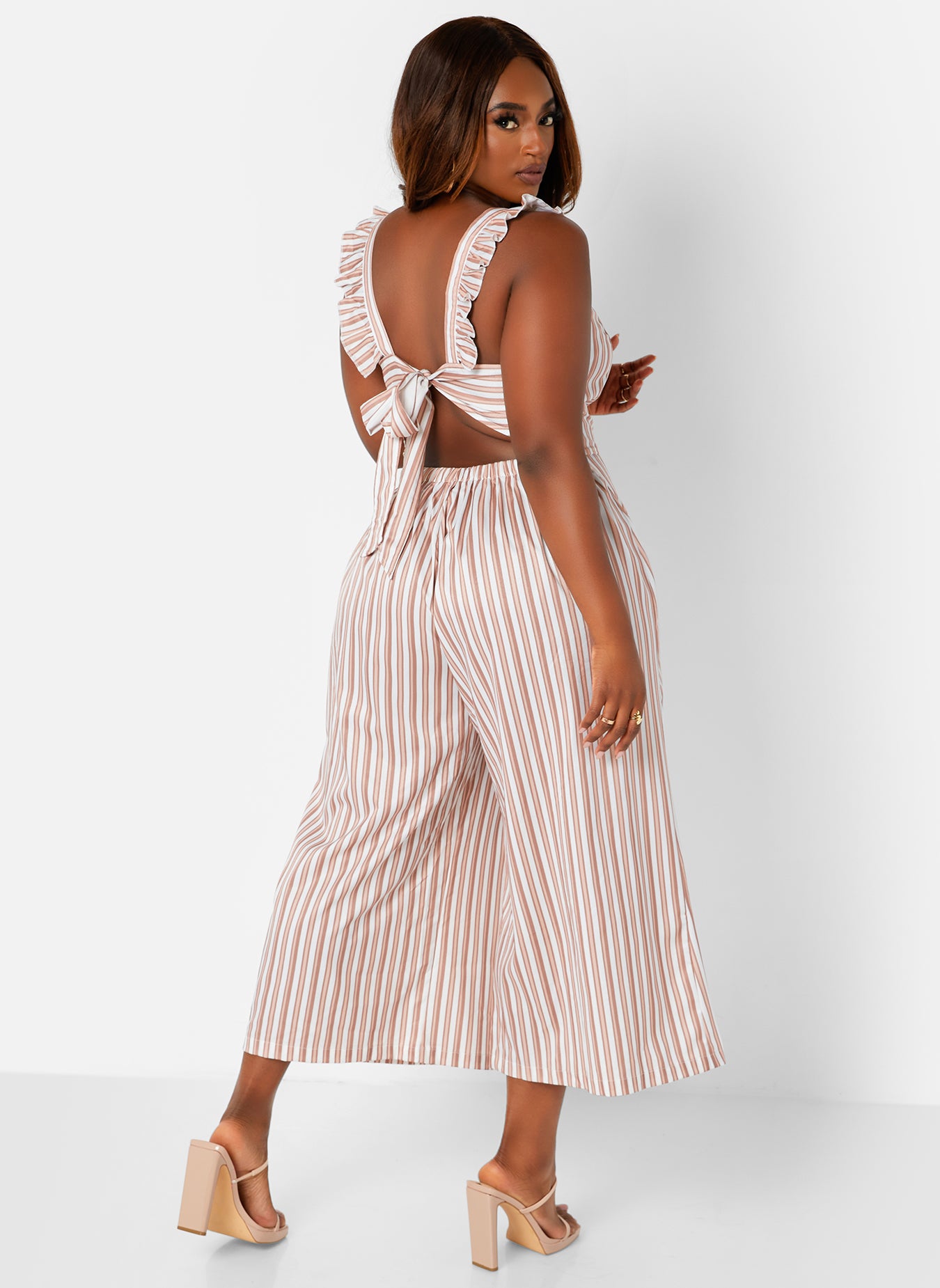 White Jeanette Striped Tie Back Cropped Wide Leg Jumpsuit Plus Sizes