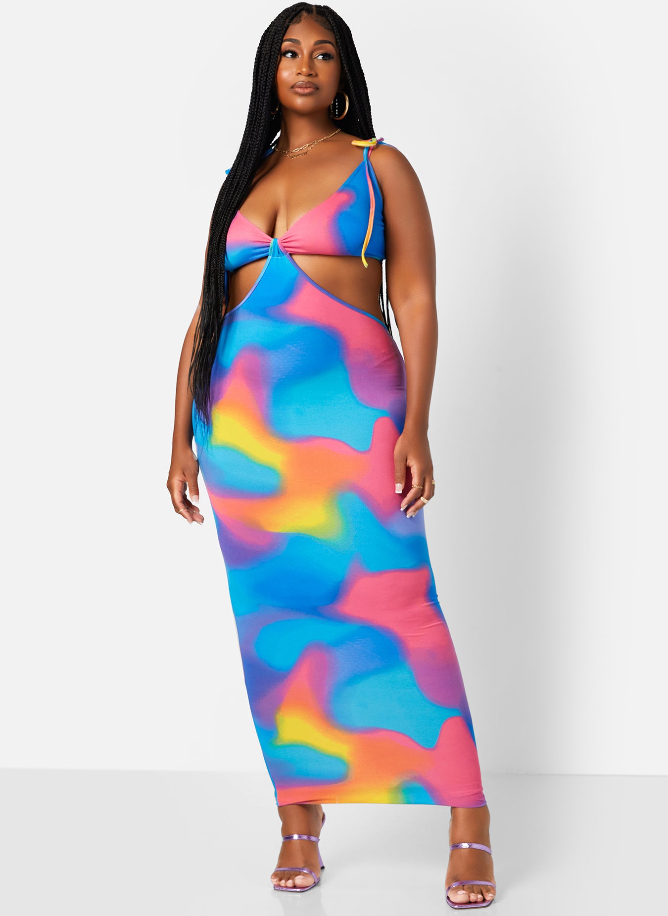 Multicolor Just Imagine Kaleidoscope Print Tie Strap Cut Out Maxi Bodycon Dress Plus Sizes