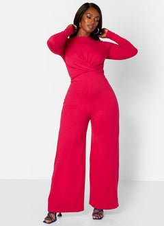 Fuchsia Key To The City Twist Front Wide Leg Jumpsuit Plus Sizes