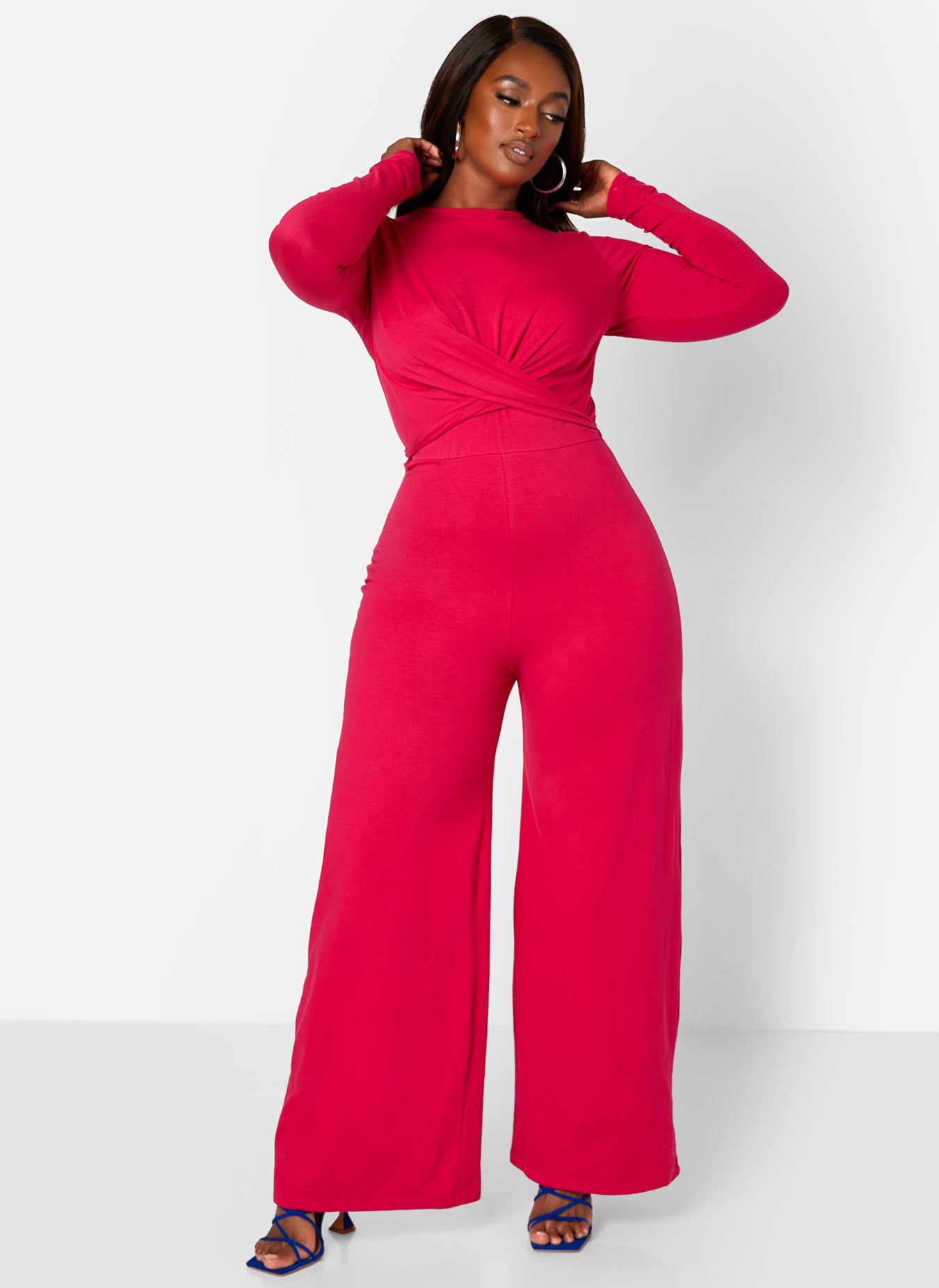 Fuchsia Key To The City Twist Front Wide Leg Jumpsuit Plus Sizes