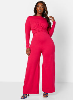 Fuchsia Key To The City Twist Front Wide Leg Jumpsuit Plus Sizes