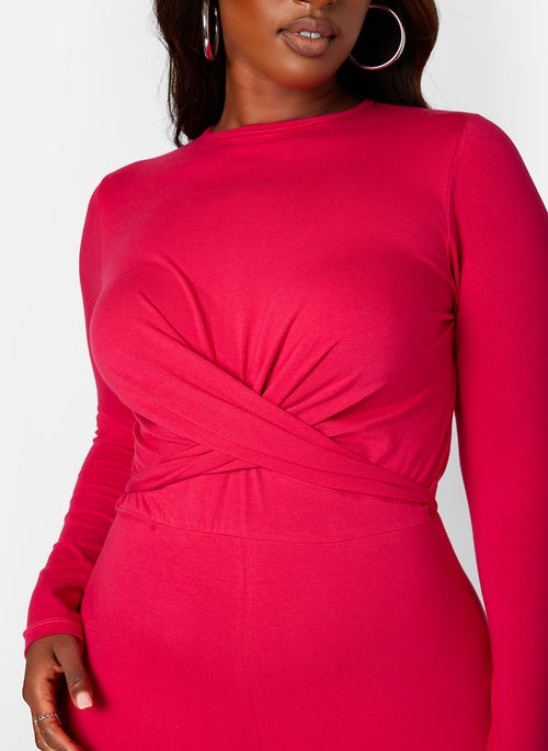 Fuchsia Key To The City Twist Front Wide Leg Jumpsuit Plus Sizes