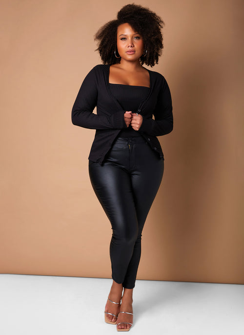 Black Layered Up Ribbed Tank Crop Top & Cardigan Set Plus Sizes