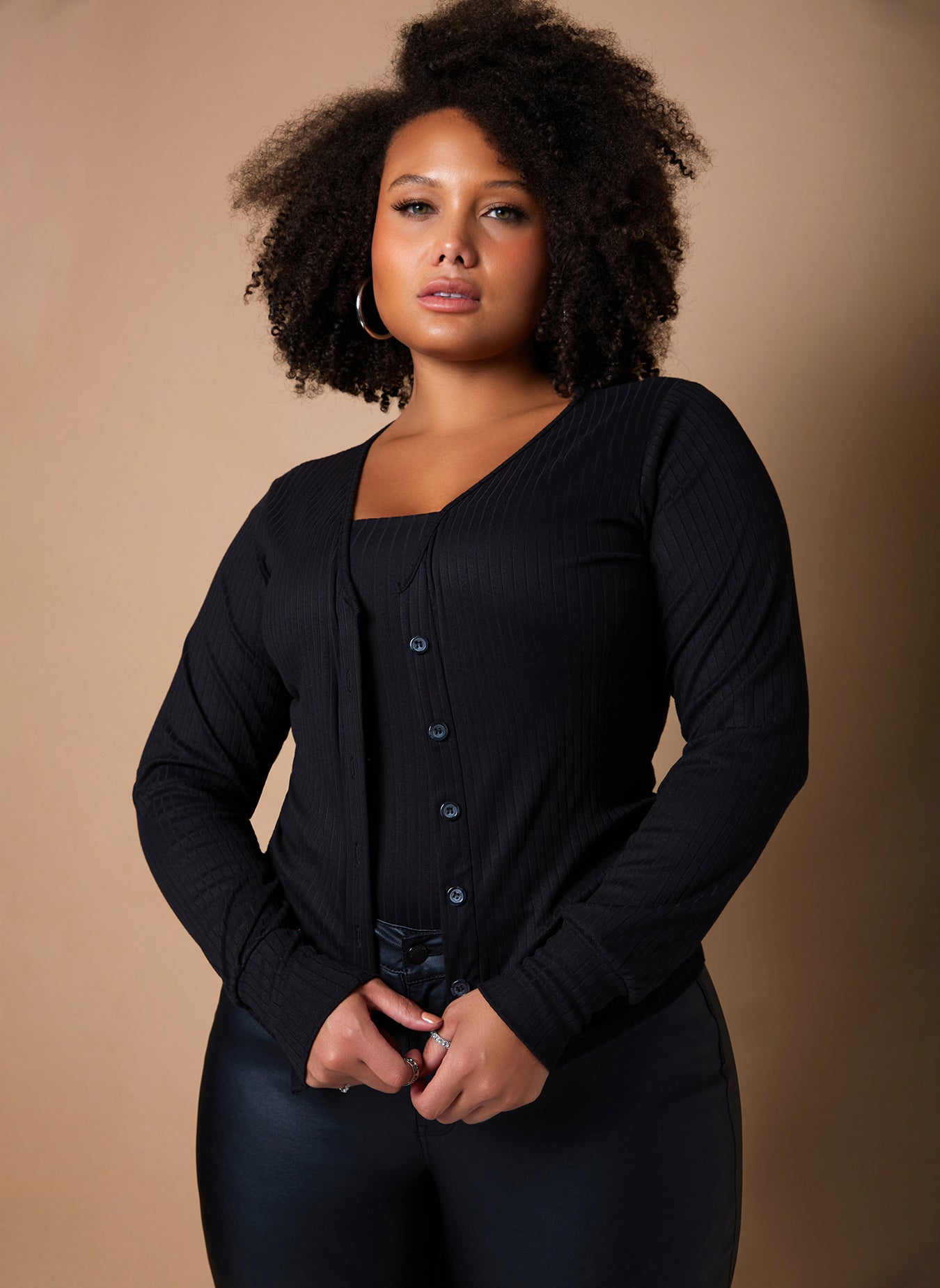 Black Layered Up Ribbed Tank Crop Top & Cardigan Set Plus Sizes