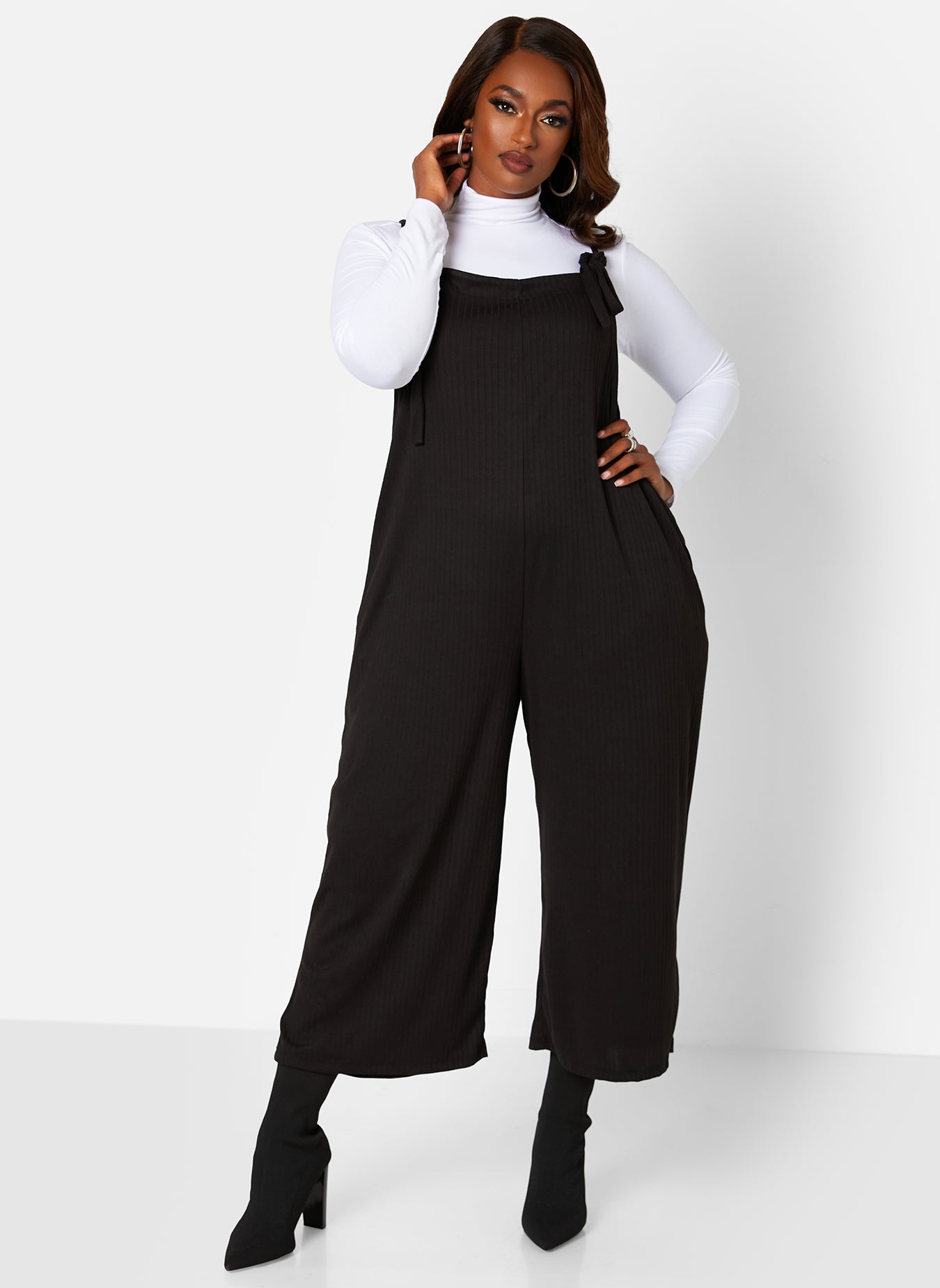 Lets Chill Ribbed Tie Strap Oversized Jumpsuit W. Pockets