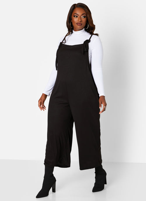 Lets Chill Ribbed Tie Strap Oversized Jumpsuit W. Pockets