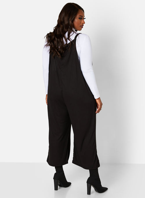 Lets Chill Ribbed Tie Strap Oversized Jumpsuit W. Pockets