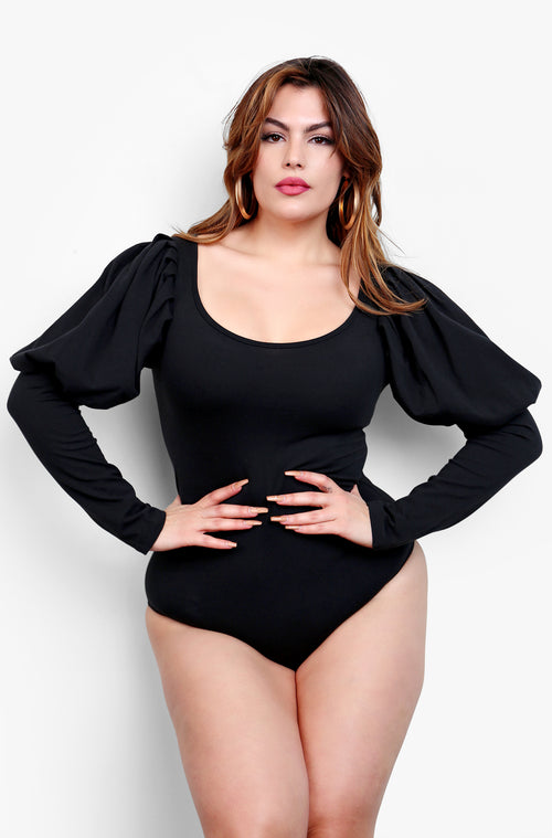 Black Long Puff Sleeve Bodysuit Plus Sizes