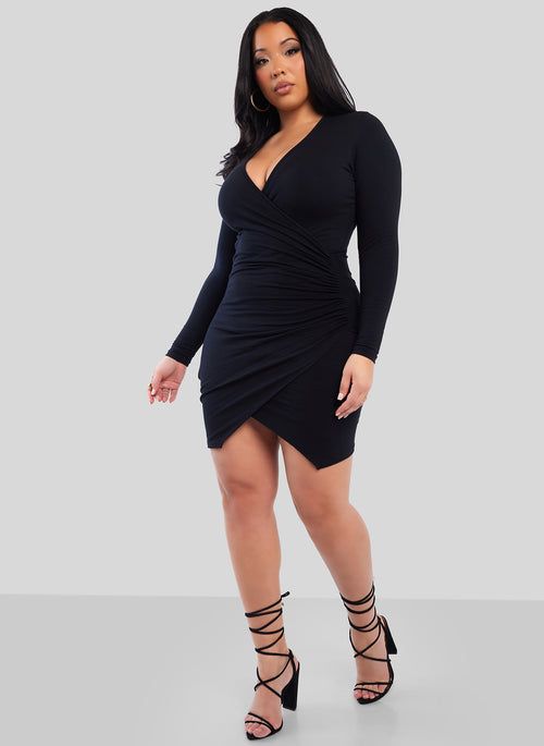 Black Low Key Ruched Bodycon Mini Dress