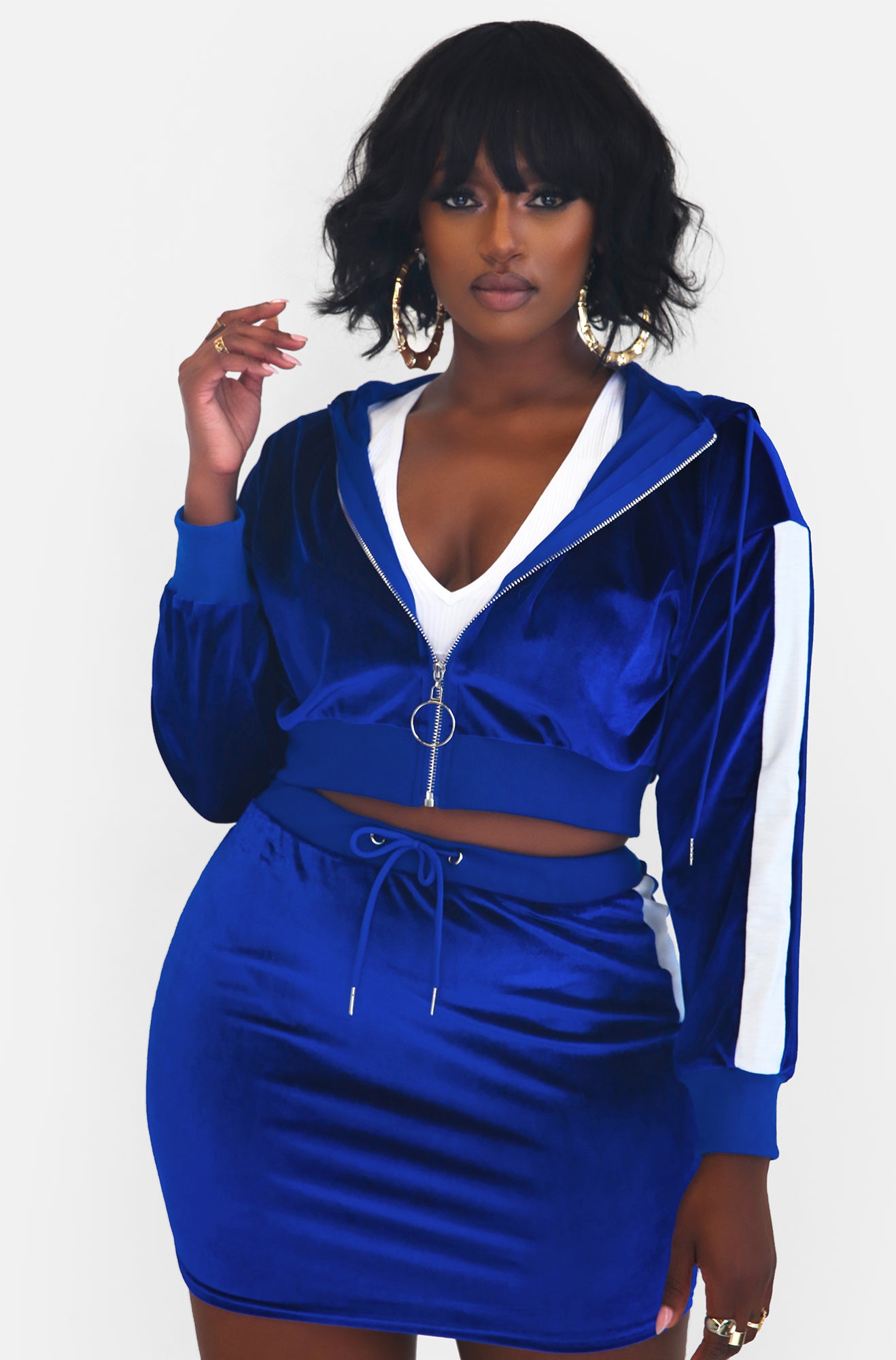 Royal Blue Velour Striped Zip Up Hoodie Plus Sizes