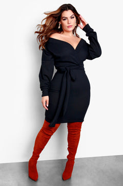 Black Plus Size Over The Shoulder Long Sleeve Tie Front Mini Dress