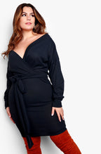 Black Plus Size Over The Shoulder Long Sleeve Tie Front Mini Dress