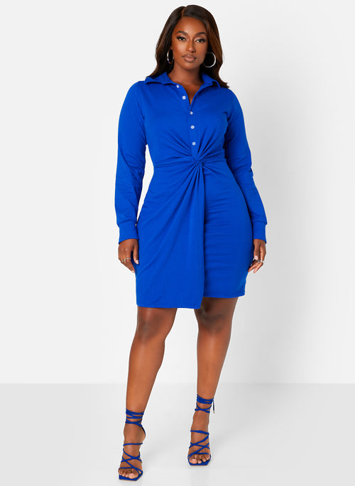 Mean Business Button Up Twist Front Mini A Line Dress