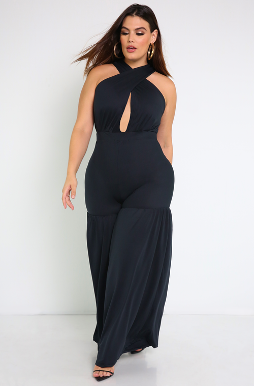 Black Crossover Ruffled Jumpsuit Plus Sizes 