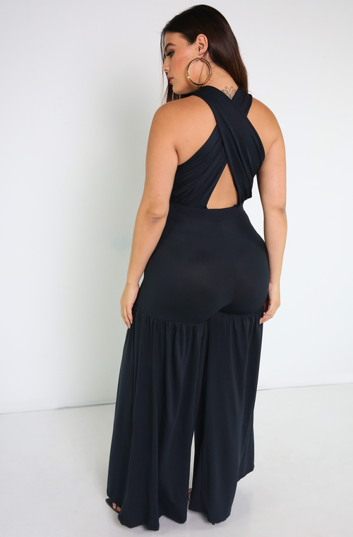 Black Crossover Ruffled Jumpsuit Plus Sizes 