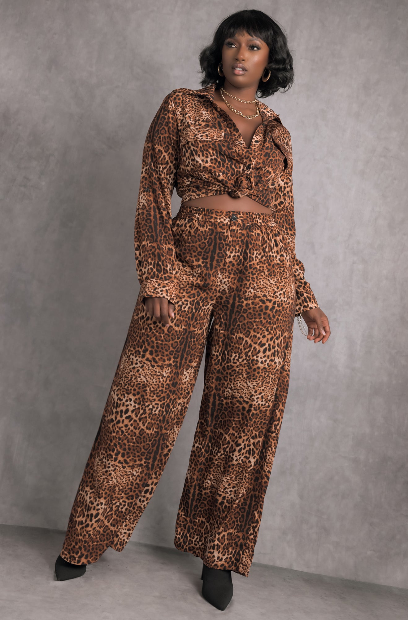Brown Leopard Collared Pant Plus Sizes