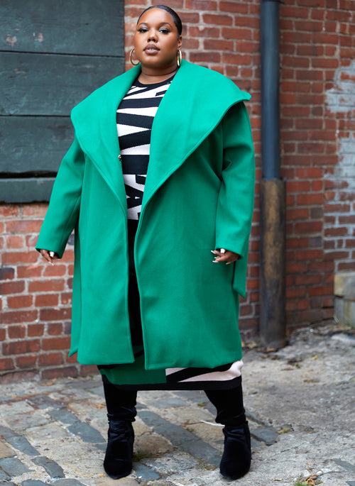 Model Behavior Wide Collar Belted Coat - Hunter Green