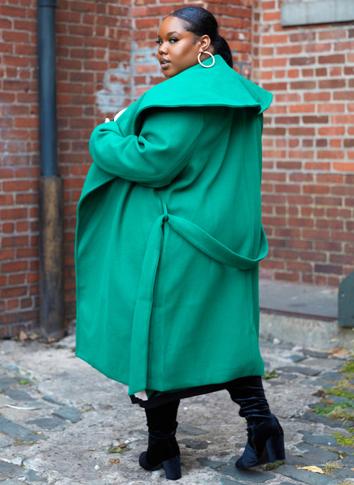 Model Behavior Wide Collar Belted Coat - Hunter Green