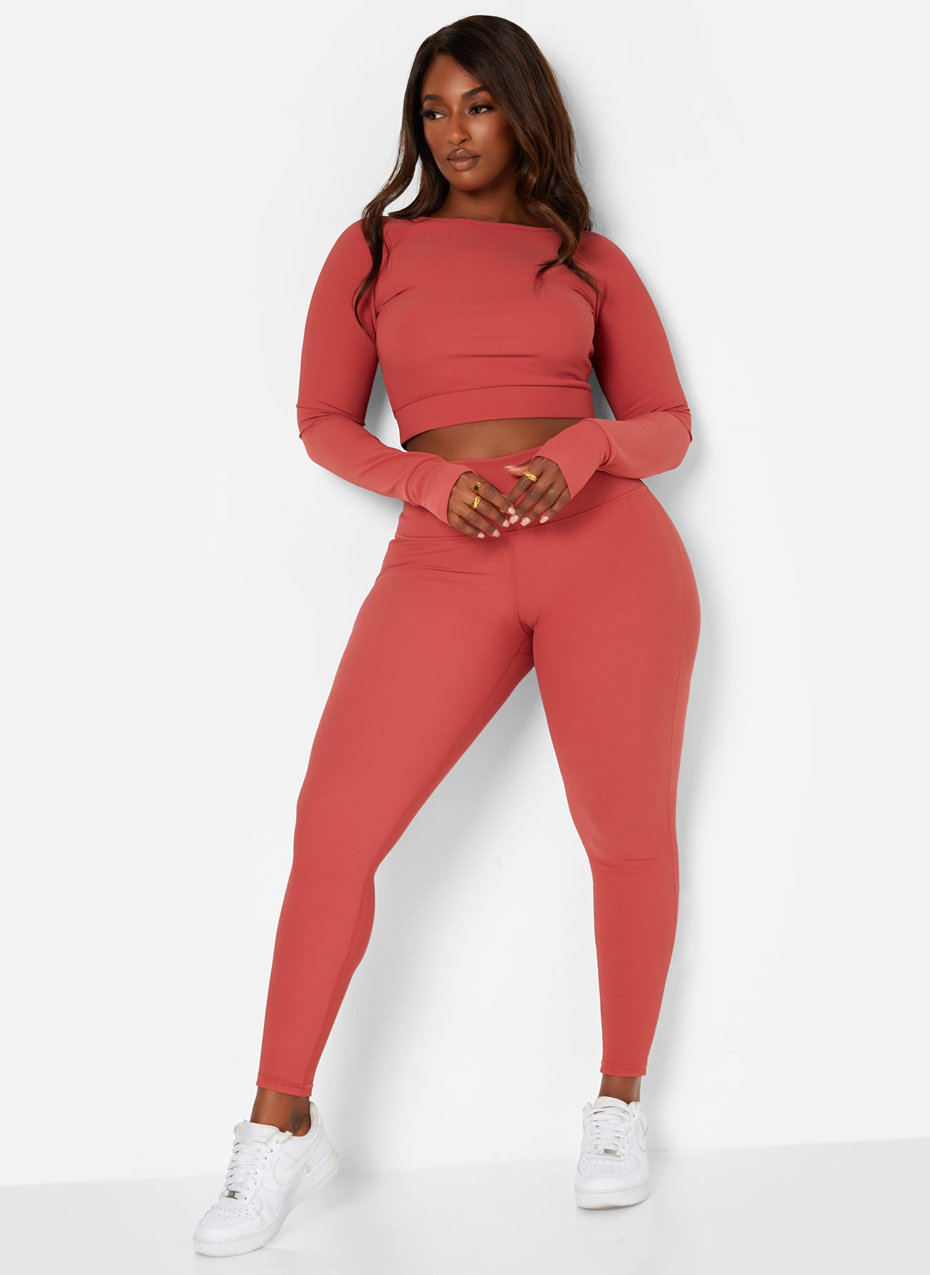 Pink Motivation Ribbed Long Sleeve Sports Crop Top Plus Sizes