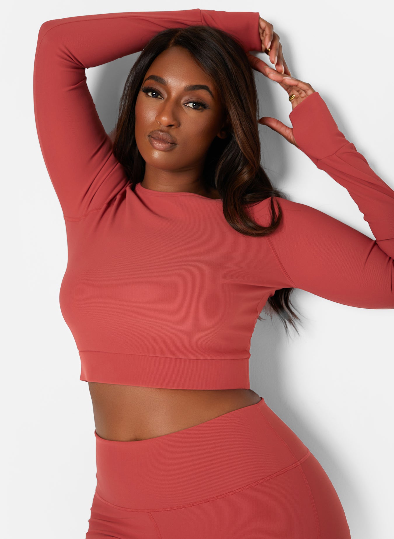 Pink Motivation Ribbed Long Sleeve Sports Crop Top Plus Sizes
