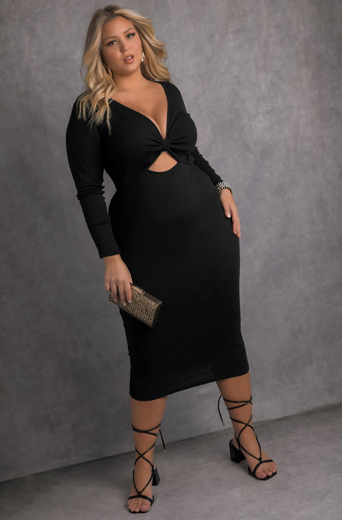 Black Keyhole Long Sleeve Bodycon Midi Dress Plus Sizes