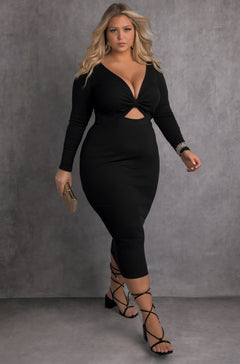 Black Keyhole Long Sleeve Bodycon Midi Dress Plus Sizes