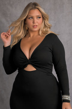 Black Keyhole Long Sleeve Bodycon Midi Dress Plus Sizes