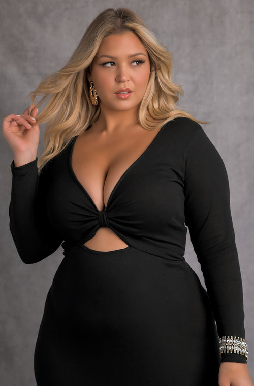 Black Keyhole Long Sleeve Bodycon Midi Dress Plus Sizes