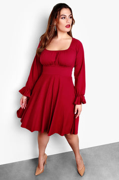 Red Plus Size Puff Long Sleeve Skater Mini Dress