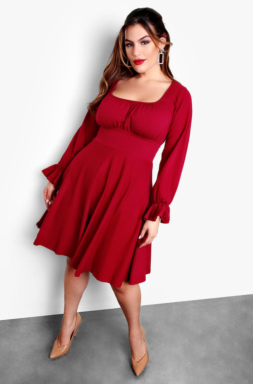 Red Plus Size Puff Long Sleeve Skater Mini Dress
