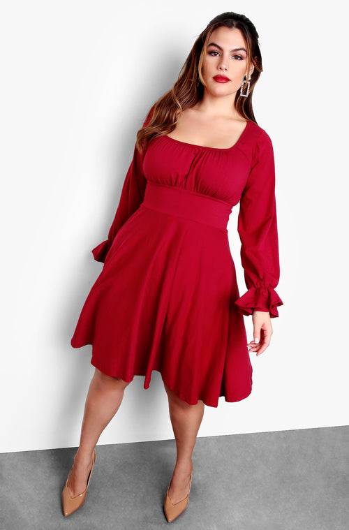 Red Plus Size Puff Long Sleeve Skater Mini Dress