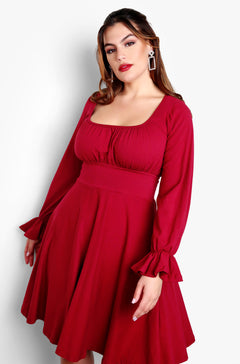 Red Plus Size Puff Long Sleeve Skater Mini Dress